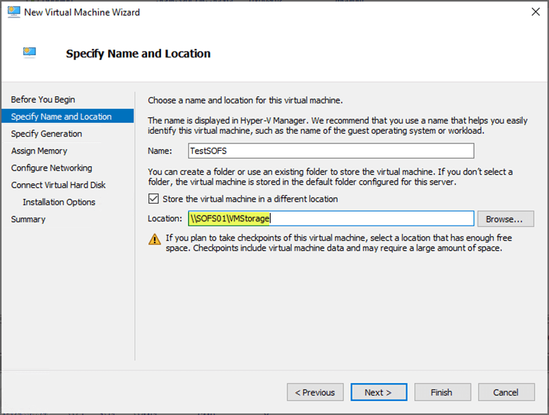 Creating a new virtual machine using the SOFS file share location