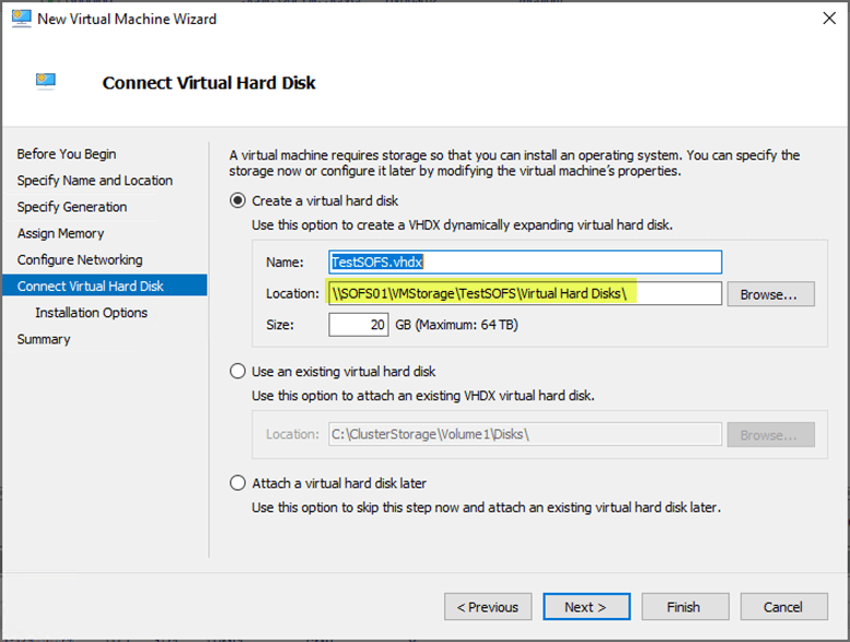 Location of virtual machine disks reflected in the New Virtual Machine Wizard