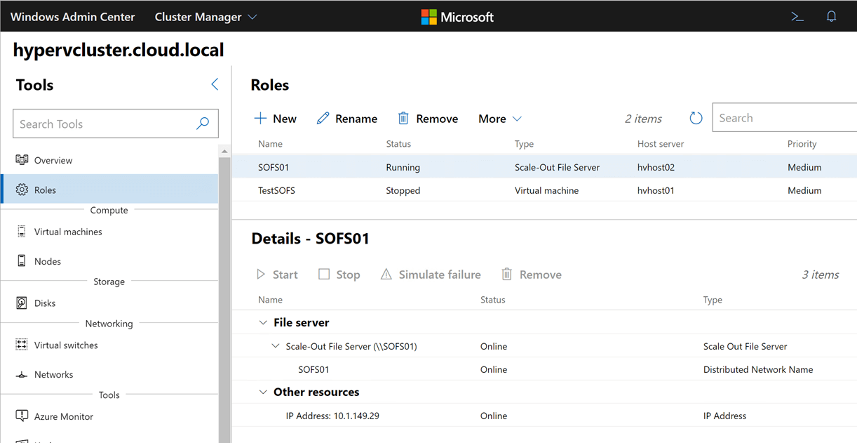 Viewing your SOFS role information inside of Windows Admin Center