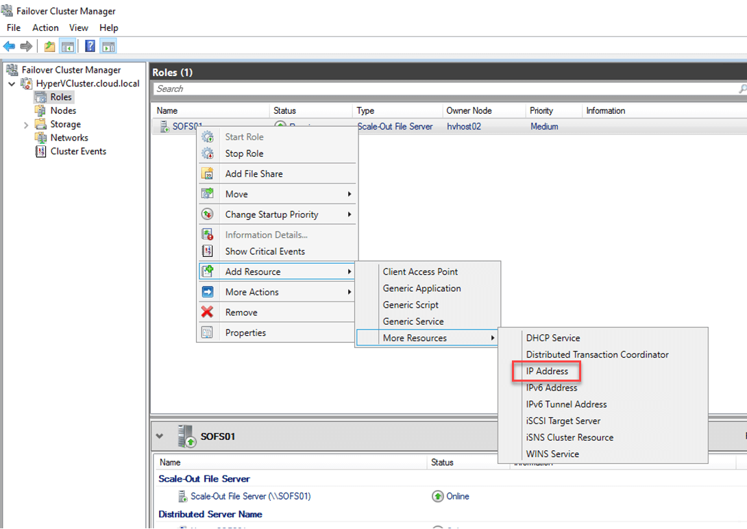 Adding an IP Address resource to the Scale-Out File Server