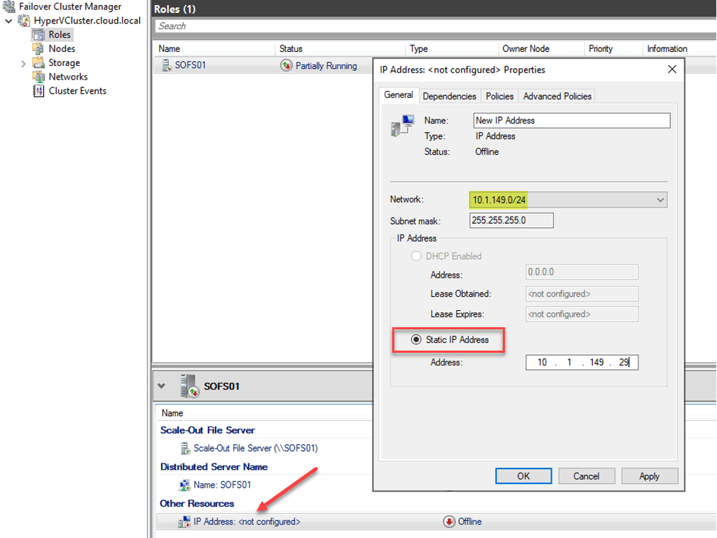 Configuring the IP Address and Network for the new IP Address resource