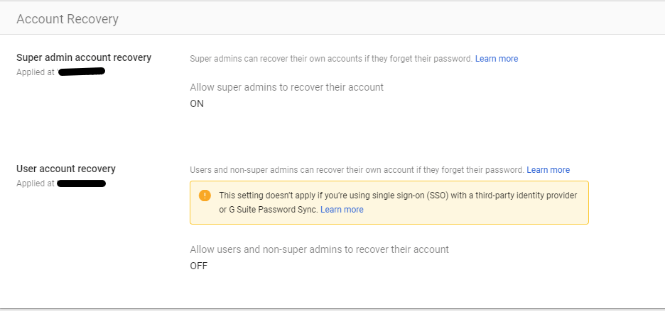 Google Admin Security settings