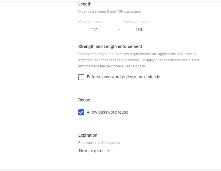 Google Admin Security settings