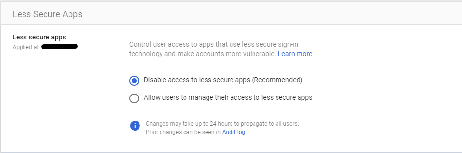 Google Admin Security settings