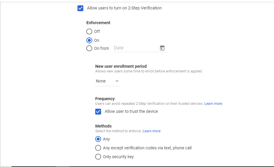 Google Admin Security settings