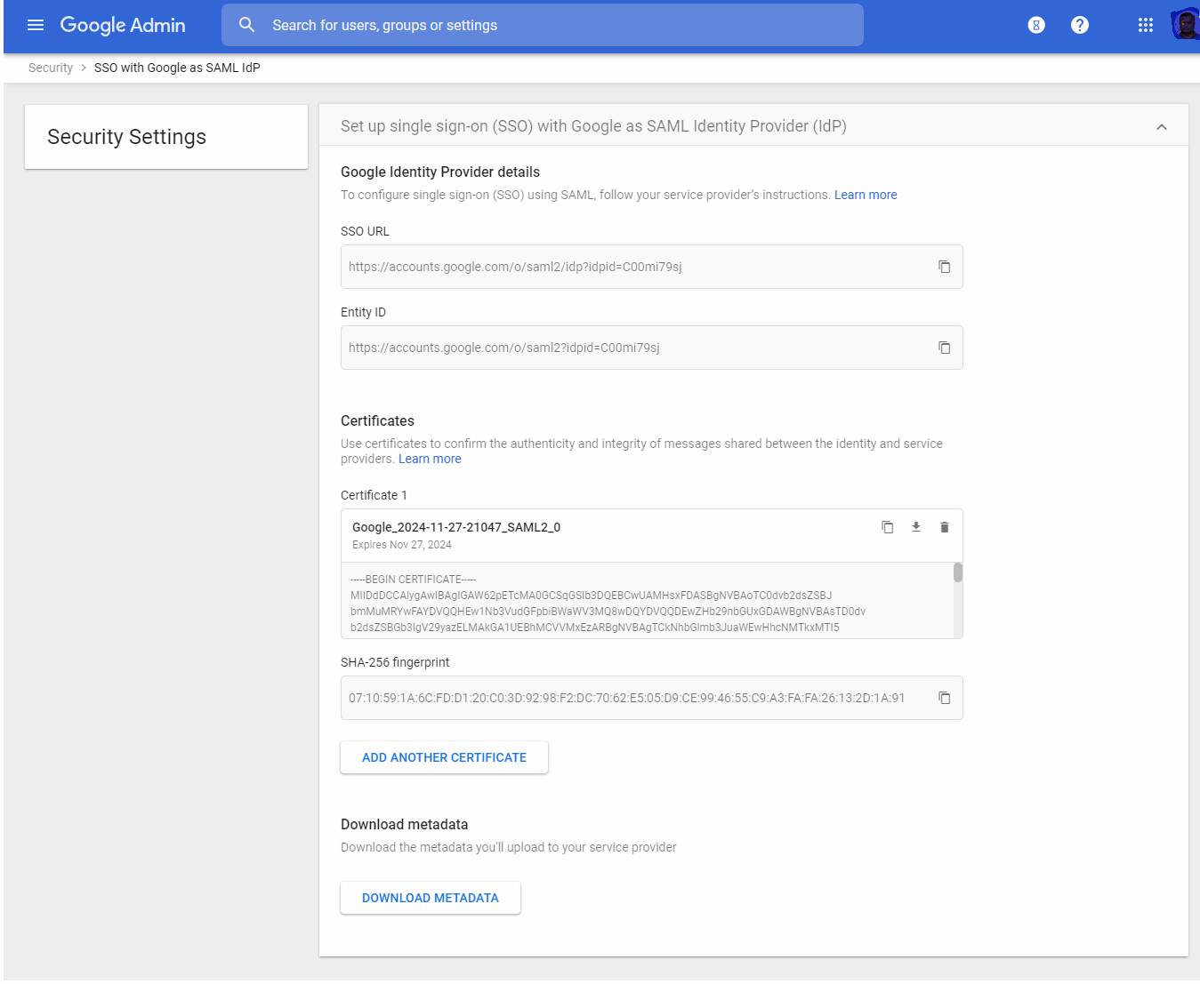 Google Admin Security settings