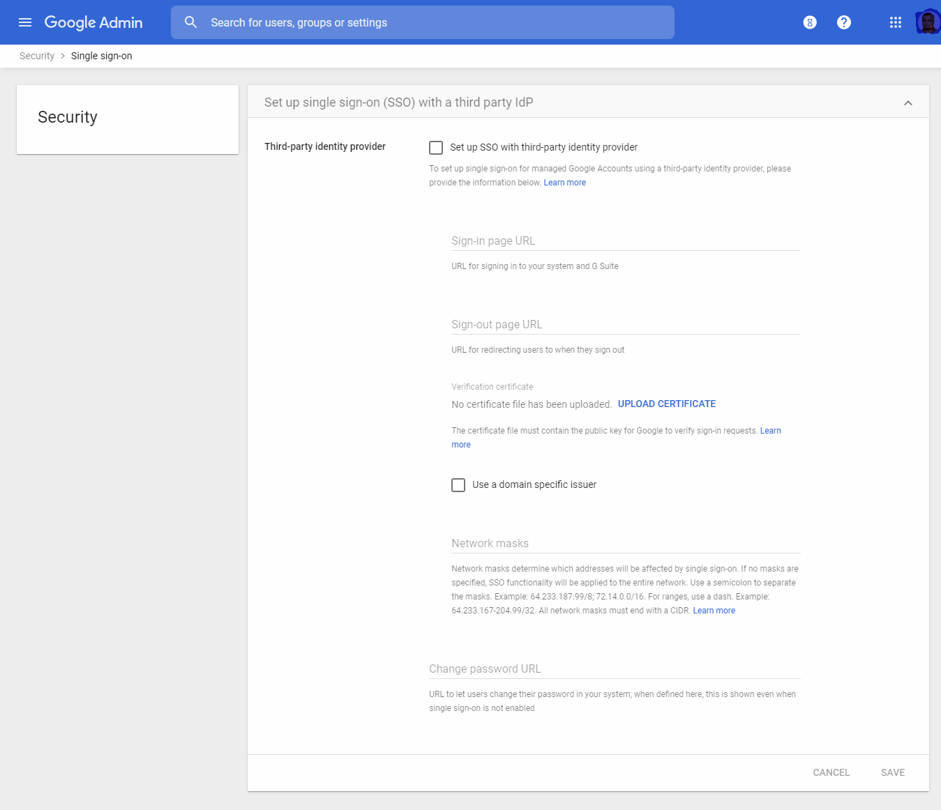 Google Admin Security settings