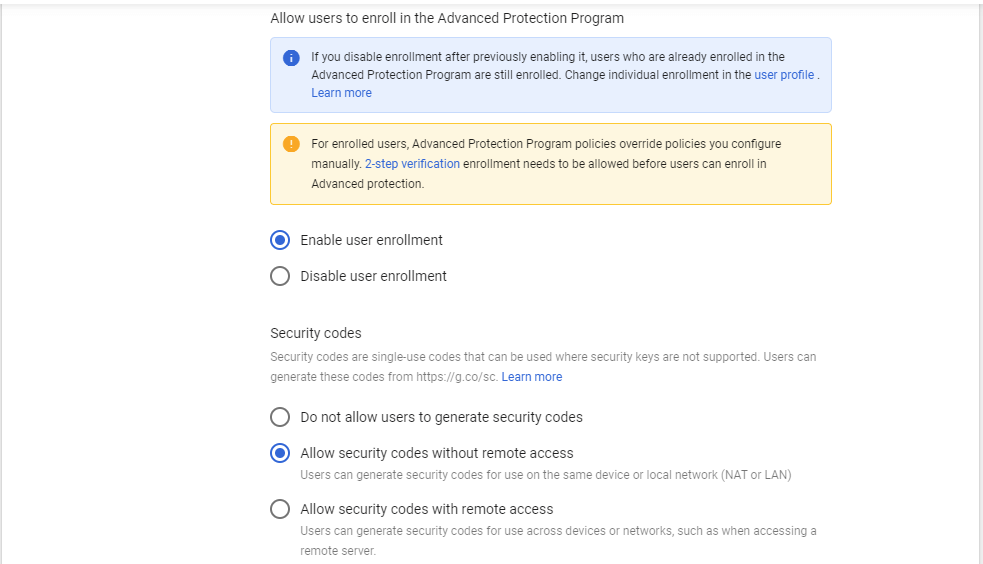 Google Admin Security settings