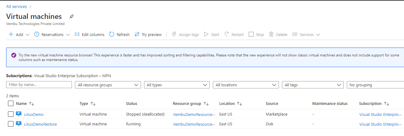 Azure VM in Azure Backup Center