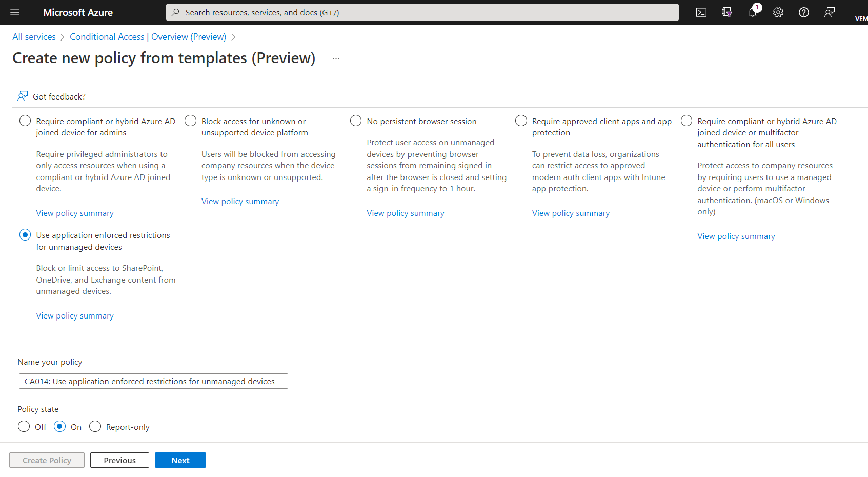 Azure AD Conditional Access policies