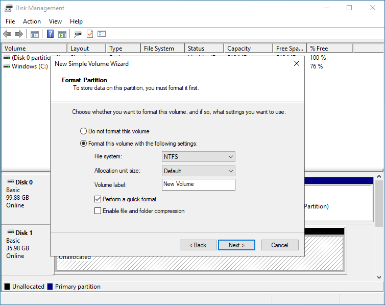 Choose the drive formatting options