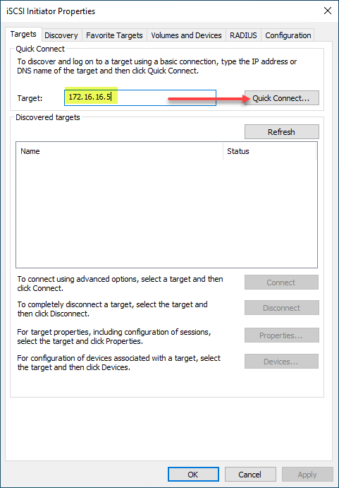 Entering the iSCSI portal target