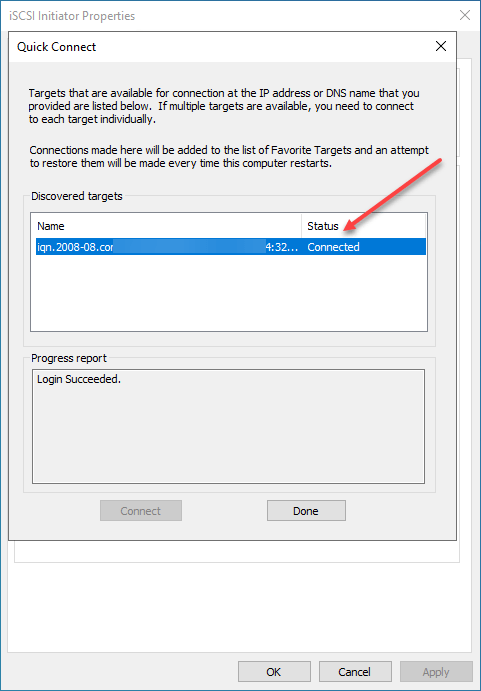 Successfully connected to an iSCSI portal target