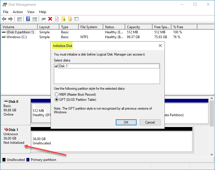 Select the disk to initialize and click OK