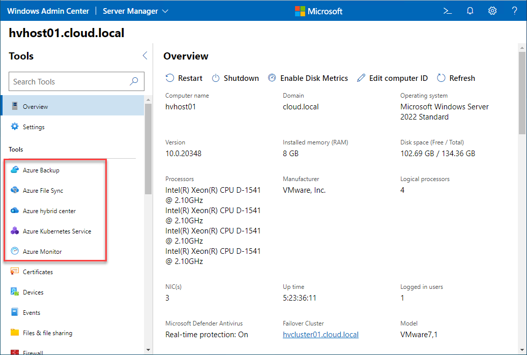 Azure Features in Windows Admin Center