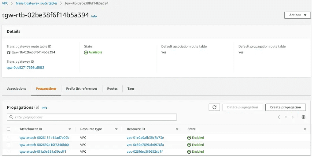 Transit Gateway Route Propagations