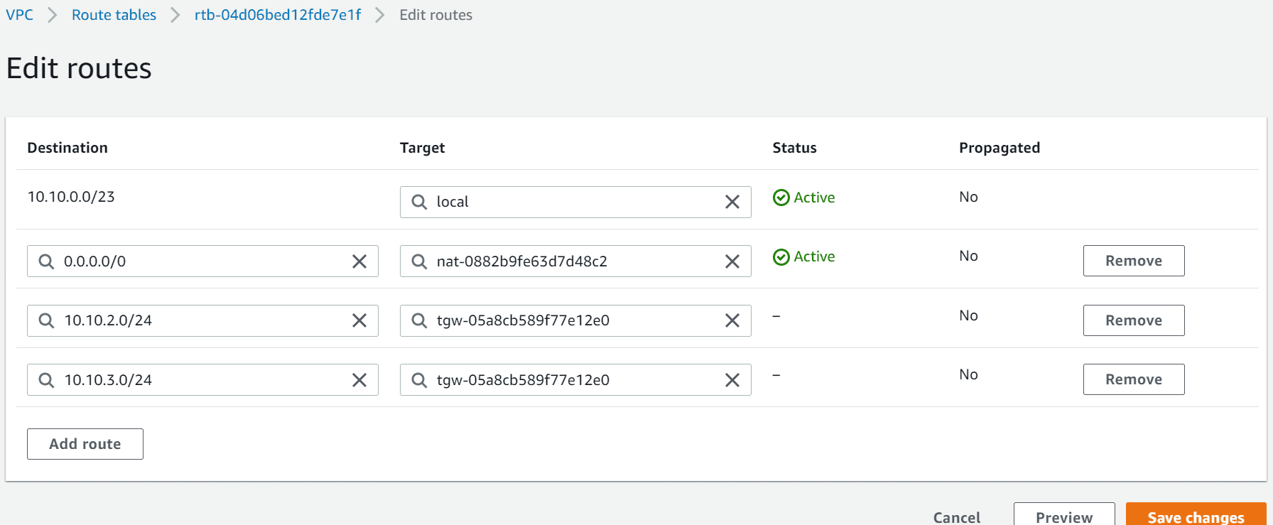 Route table section under VPC console