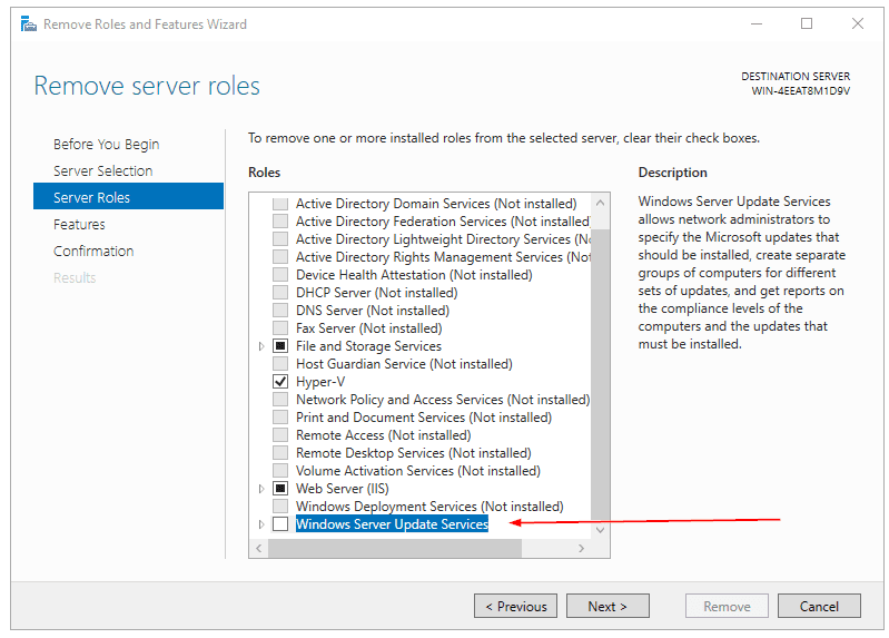 Unselect Windows Server Update Services