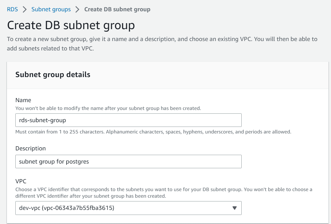 Database instance in aws