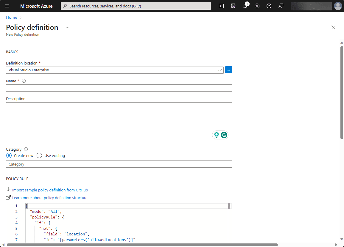 Azure Policy definition