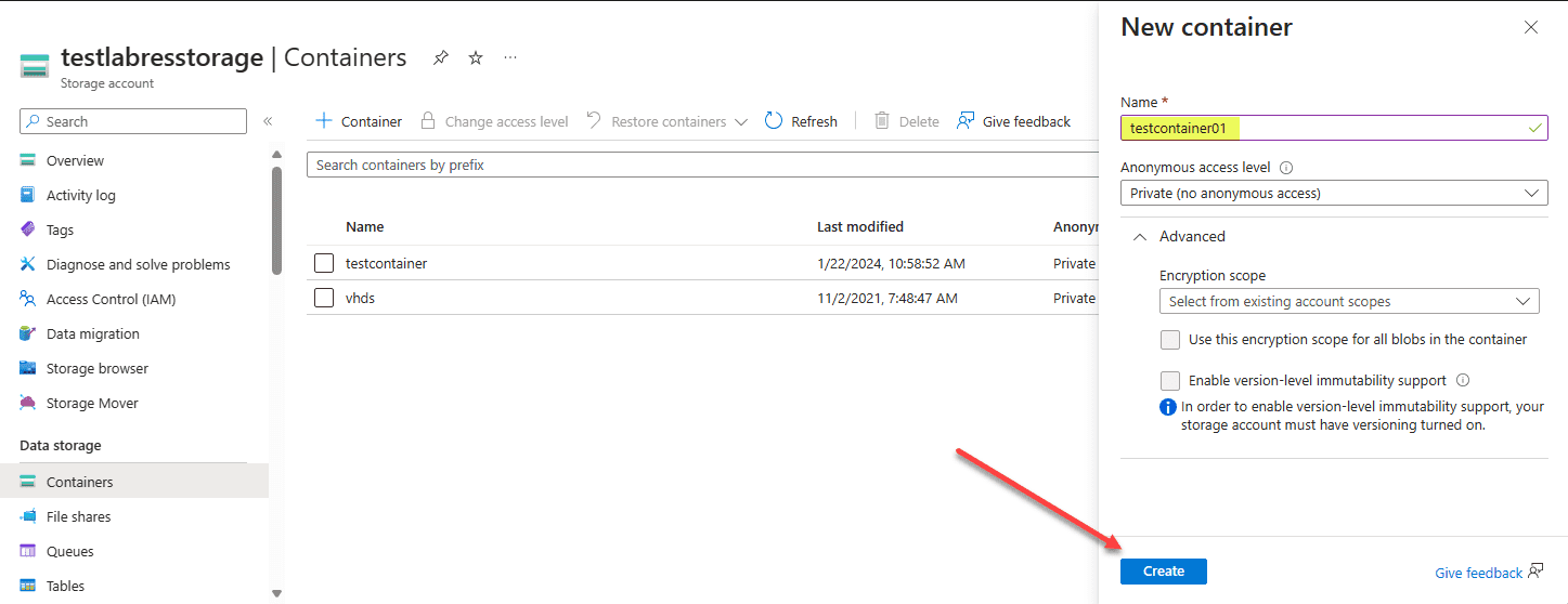 Container in Azure Blob storage