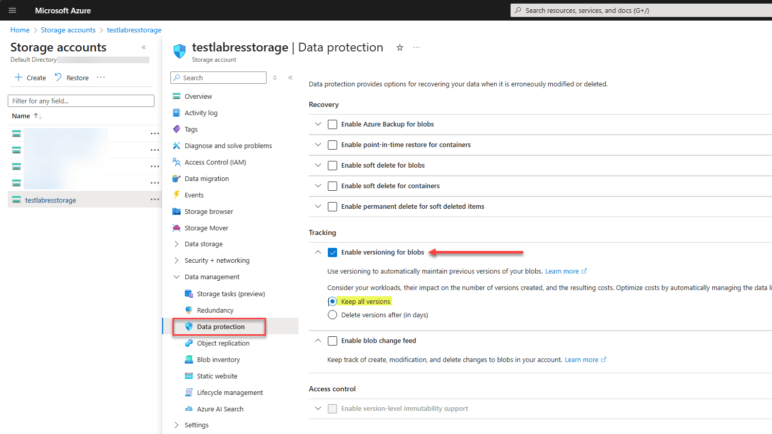 Configure Azure Blob Versioning