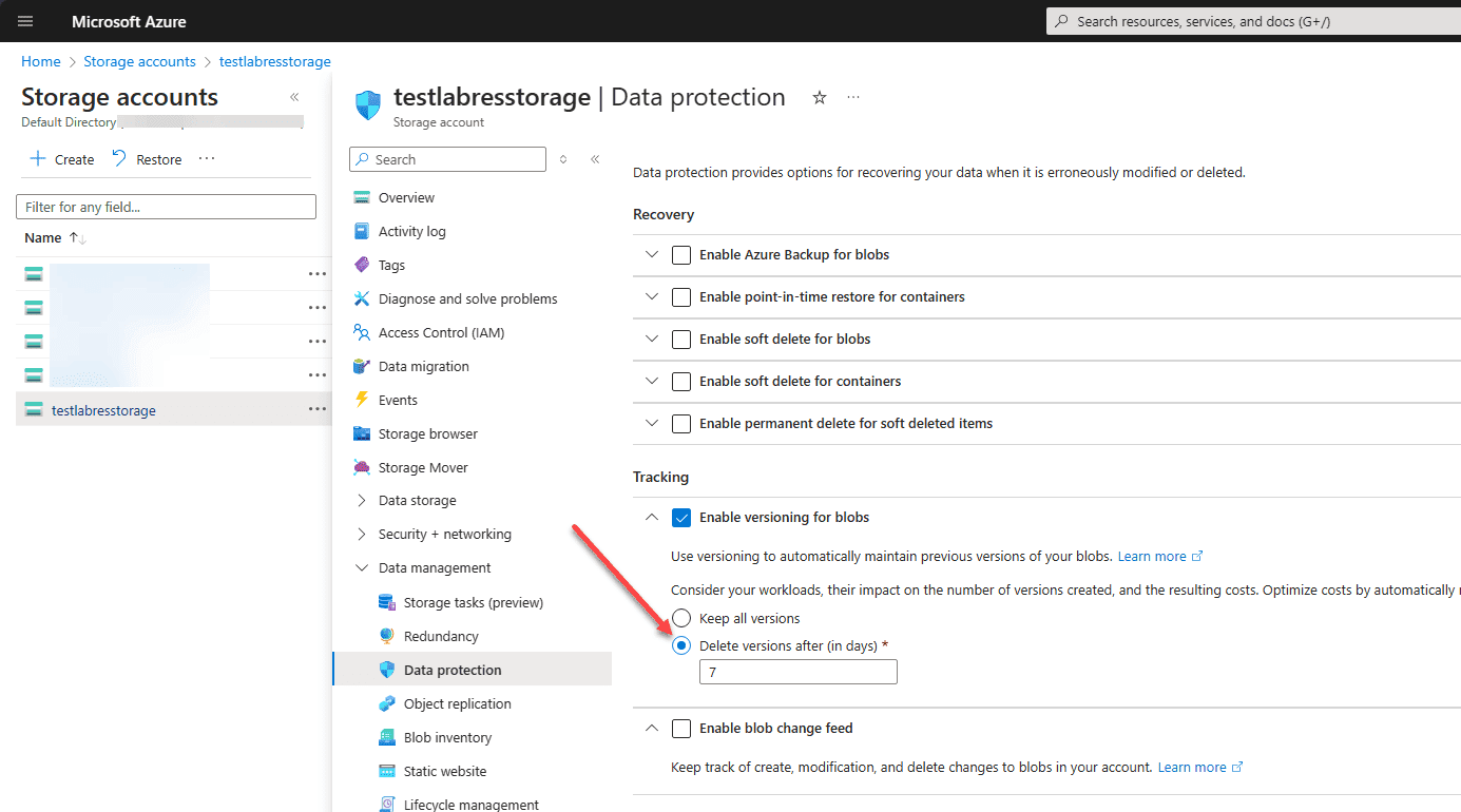 Configure Azure Blob Versioning