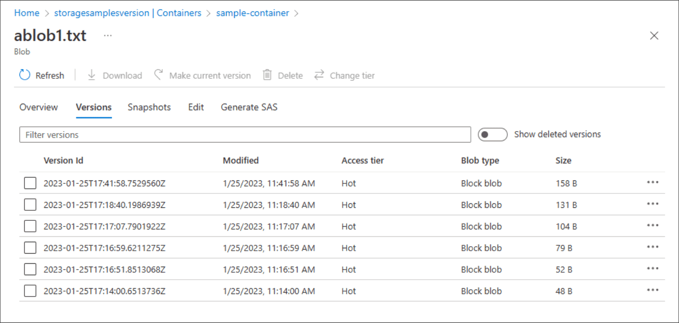 Configure Azure Blob Versioning