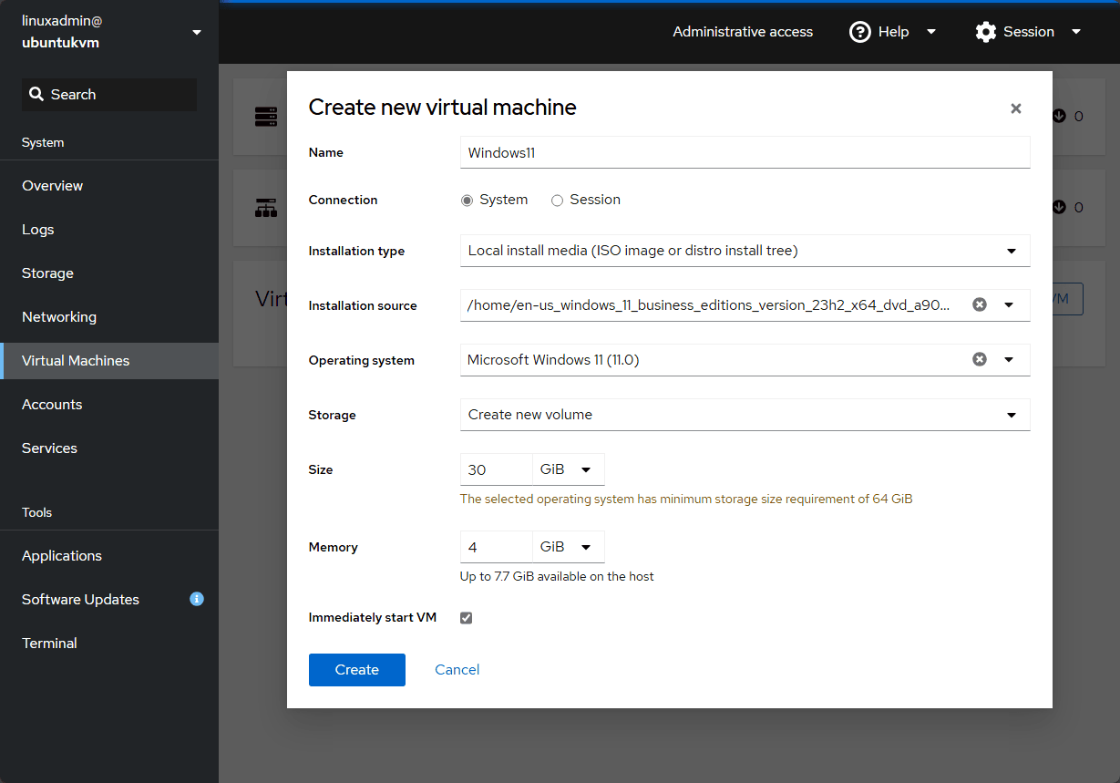 KVM Virtual Machines in Cockpit