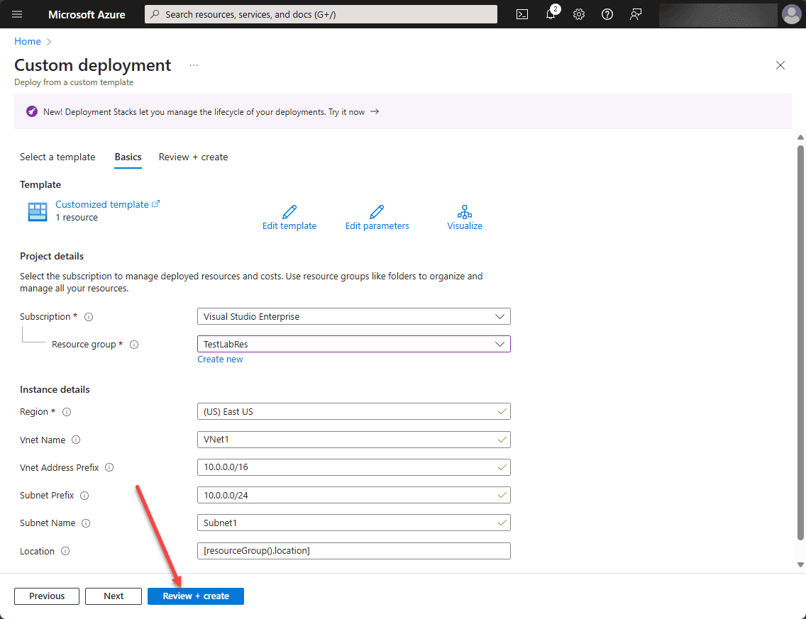 Review and create your infrastructure using the ARM template