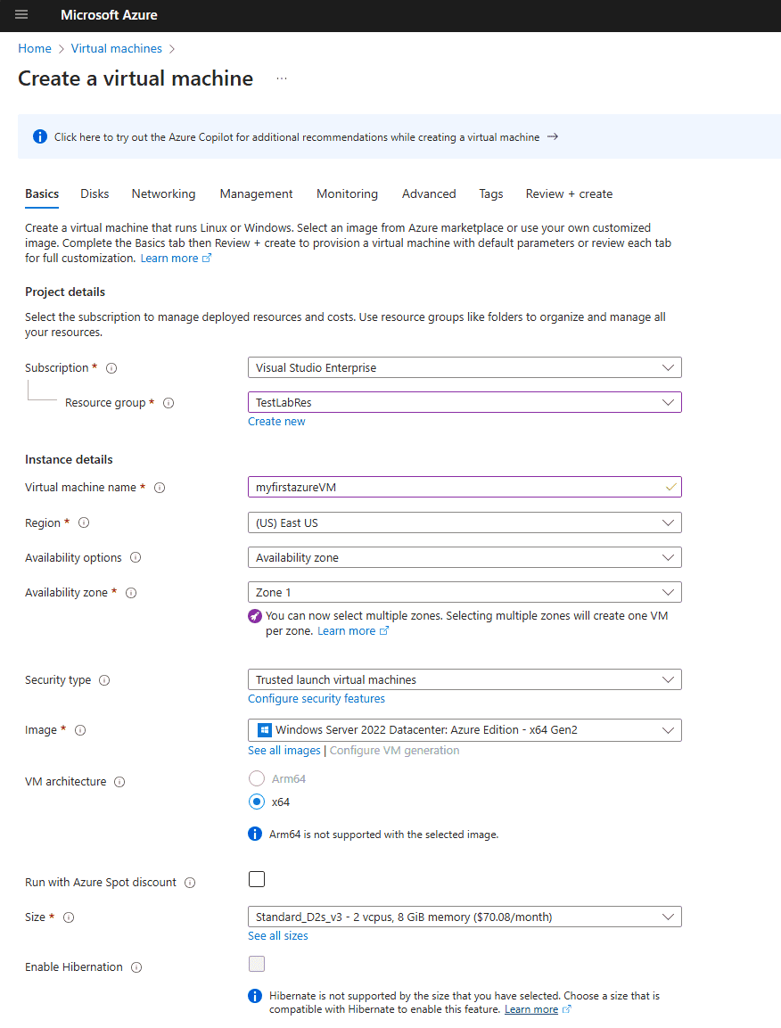 Virtual Machine in the Azure Portal