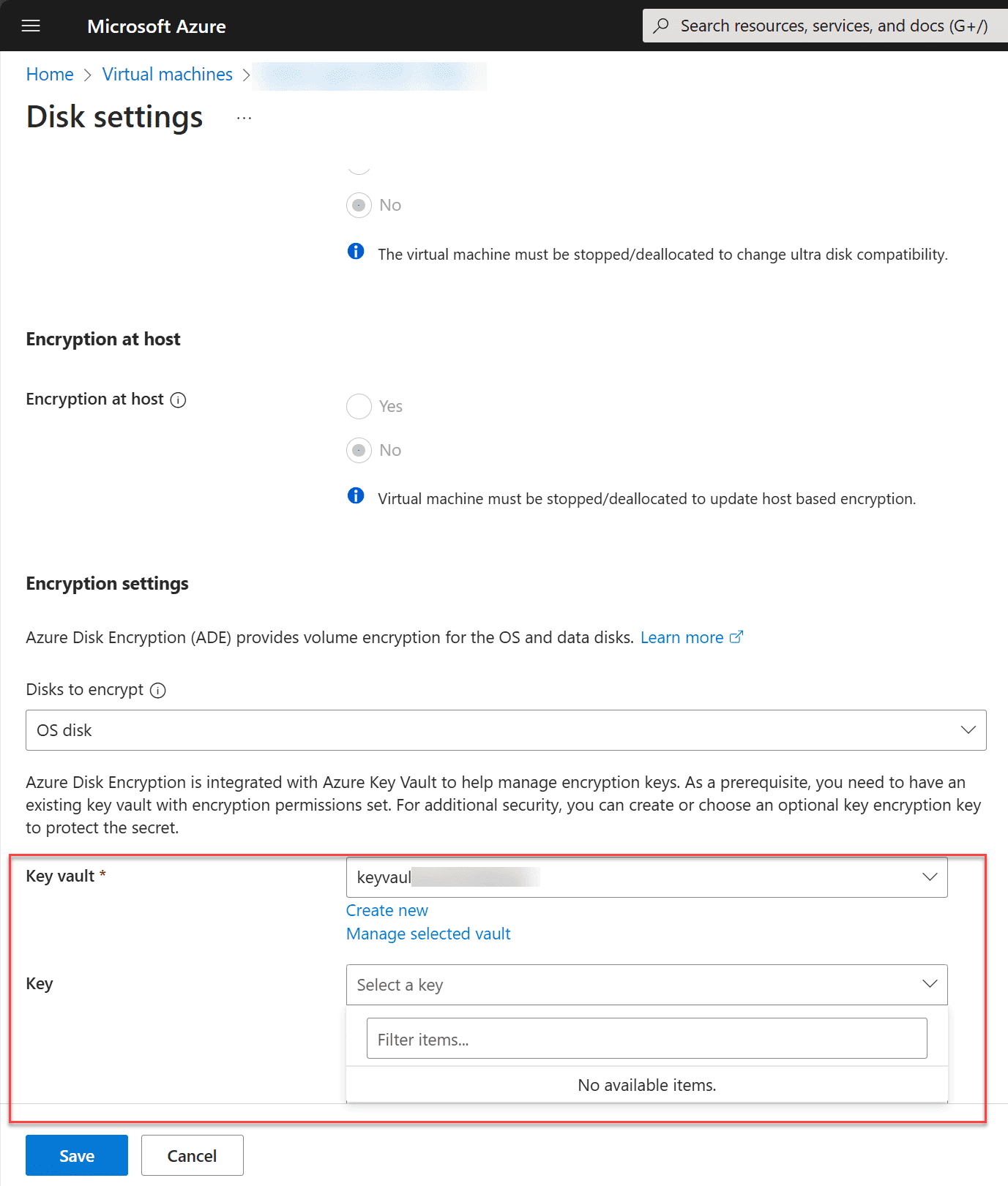 Select the encryption settings for the virtual machine disk