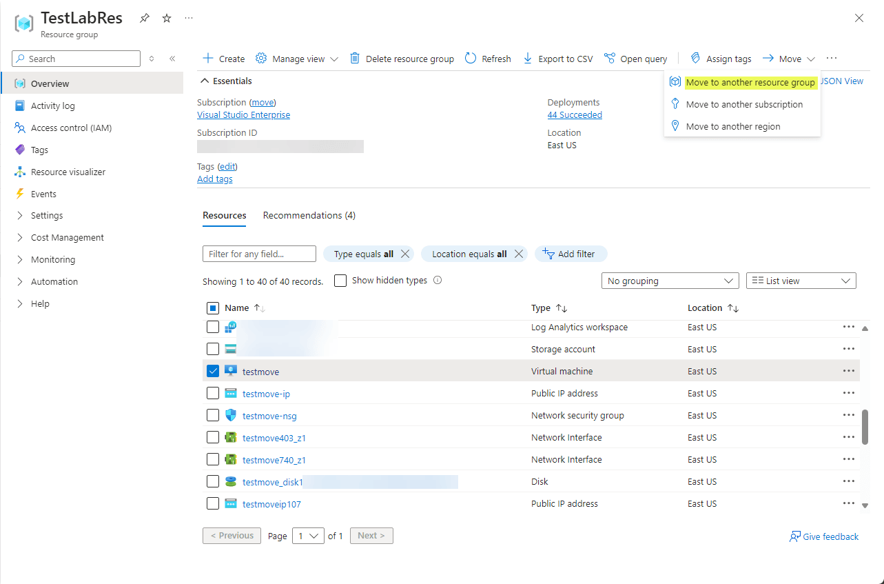 Selecting the resource you want to move and where you want to move it