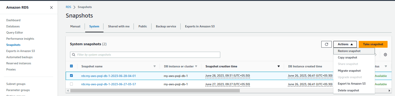 up & restore AWS Postgresql DB  using Automated Database Backup